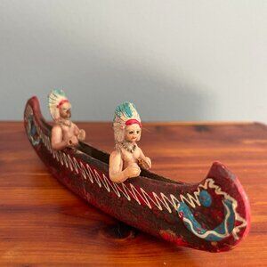Vintage Celluloid Native American Indian Wooden Canoe Souvenir Made in Japan Toy